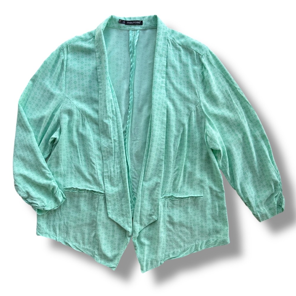 Maurices Women Plus 2 Mint Green Floral Open Front Draped Blazer Ruch 3/4 Sleeve
